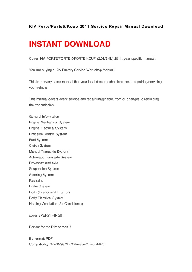 Kia Forte 2010 Ex Repair Manual Free Download